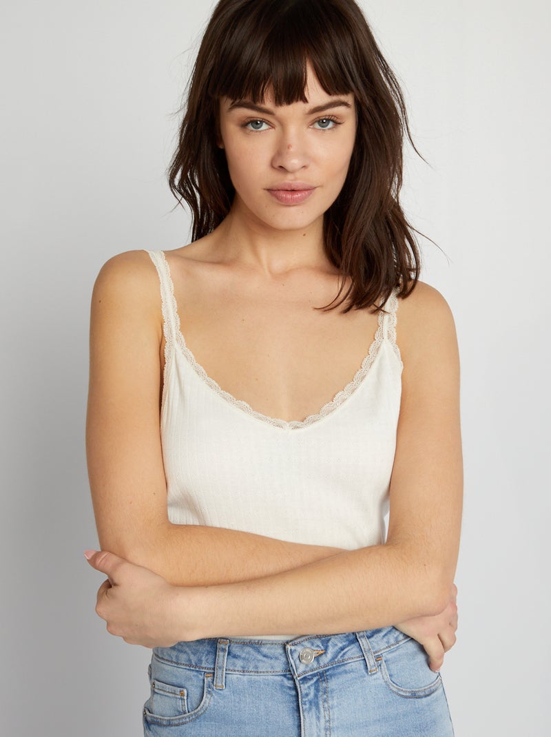 Top com alças finas em malha pointelle Branco - Kiabi