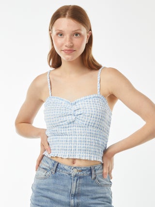 Top com favos de mel e alças com estampado vichy
