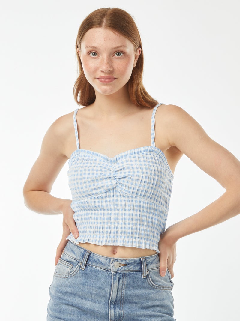 Top com favos de mel e alças com estampado vichy Azul - Kiabi