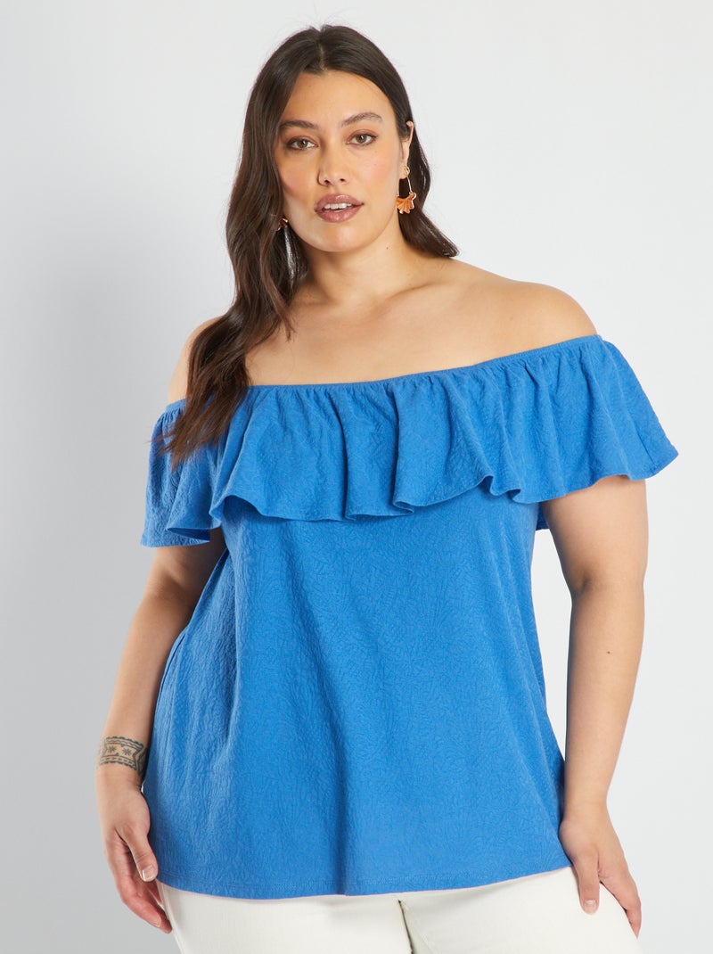 Top com gola bardot com folhos AZUL - Kiabi