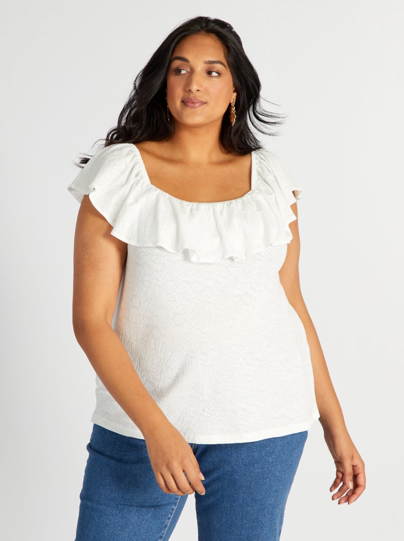 Top com gola bardot com folhos Branco - Kiabi