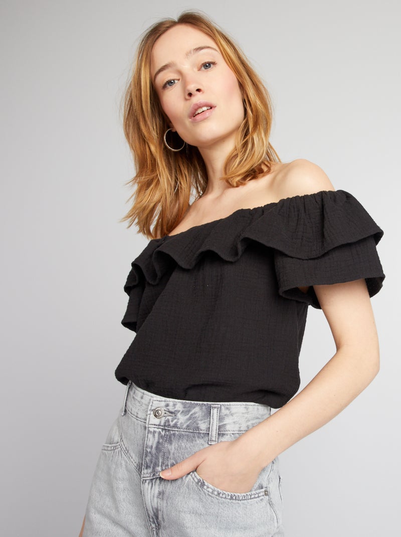 Top com gola bardot em gaze de algodão Preto - Kiabi