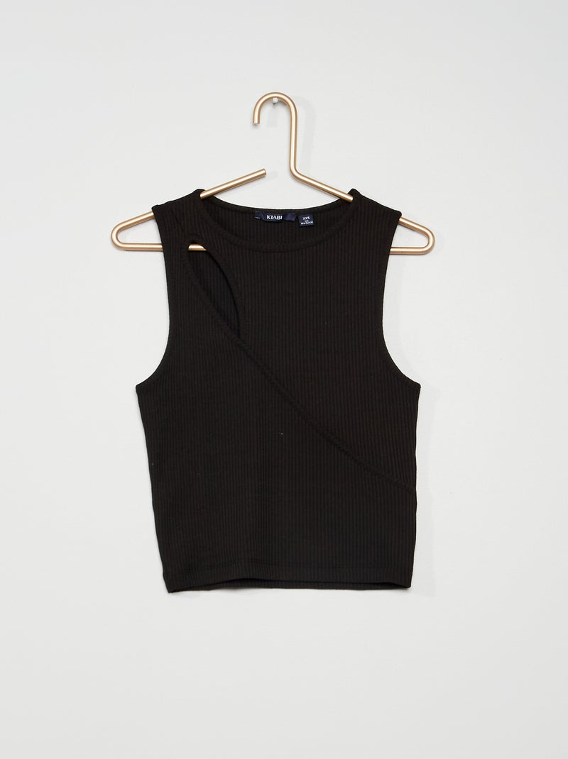 Top com gola redonda nervurada Preto - Kiabi