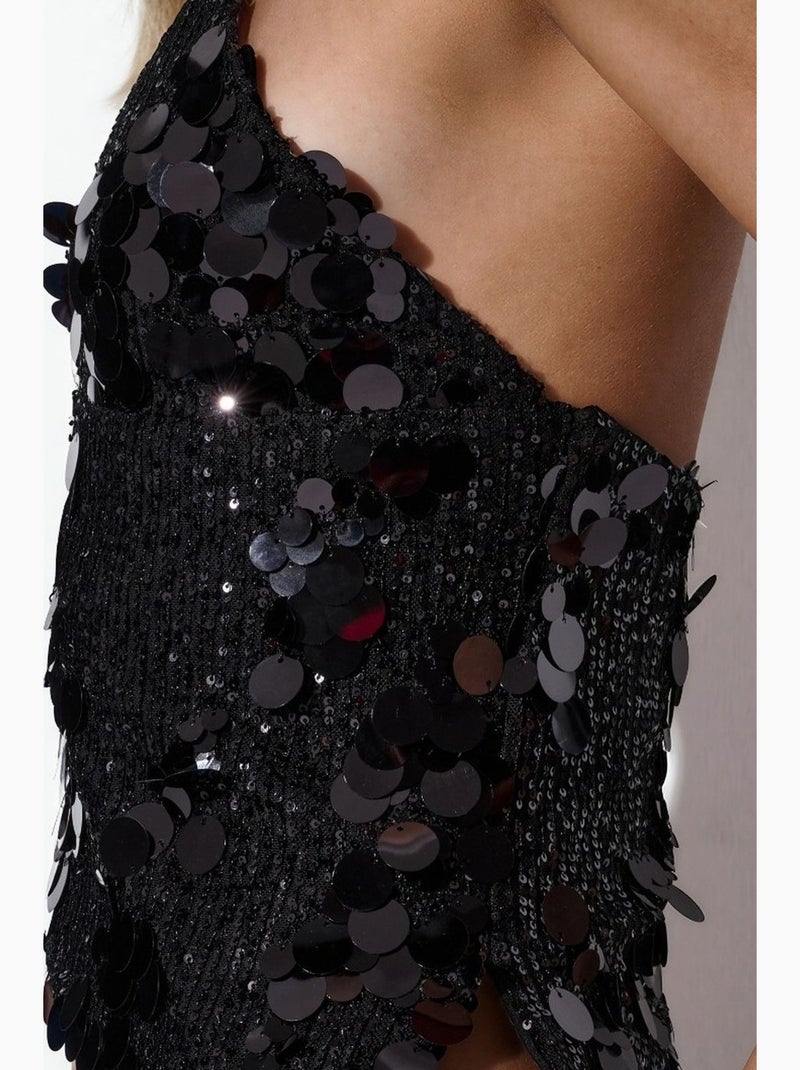 Top crop feminino com gola halter e detalhe de lantejoulas busem Preto - Kiabi
