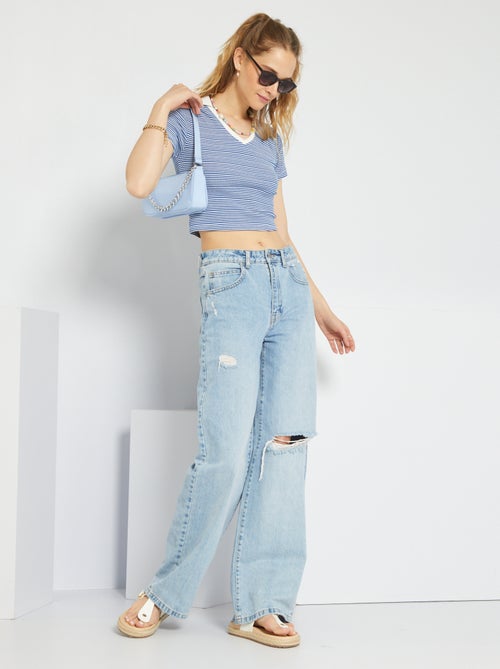 Top cropped às riscas gola de polo - Kiabi