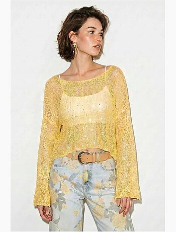 Top cropped de malha com lantejoulas, corte solto lucci