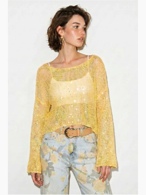 Top cropped de malha com lantejoulas, corte solto lucci - Kiabi