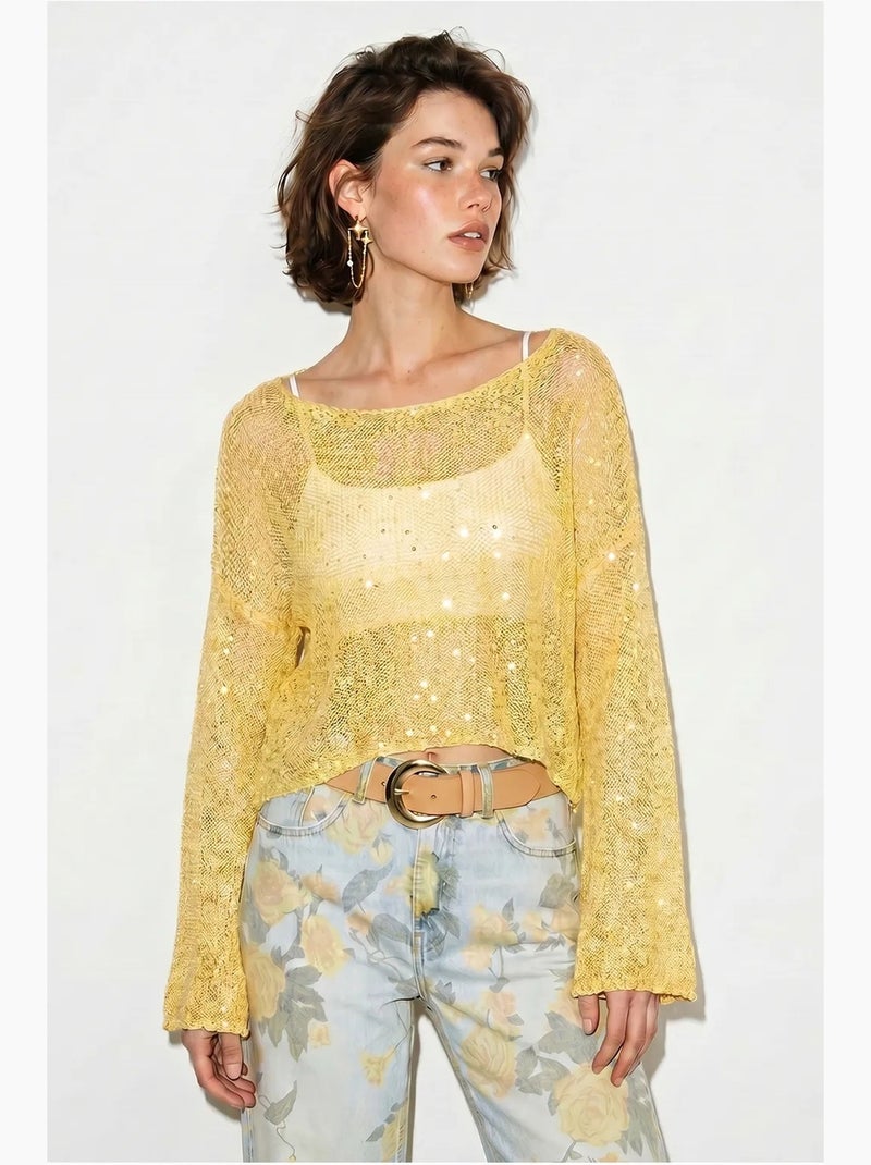 Top cropped de malha com lantejoulas, corte solto lucci Amarelo-limão - Kiabi