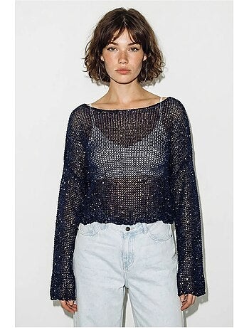 Top cropped de malha com lantejoulas, corte solto lucci