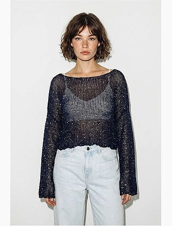 Top cropped de malha com lantejoulas, corte solto lucci