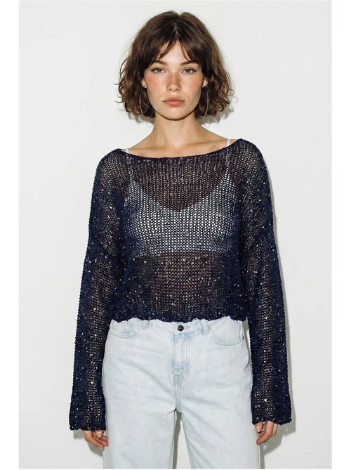 Top cropped de malha com lantejoulas, corte solto lucci - Kiabi