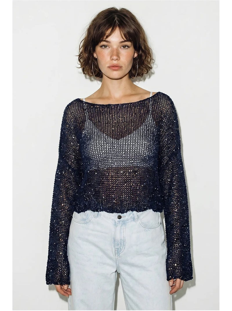 Top cropped de malha com lantejoulas, corte solto lucci Azul-marinho - Kiabi