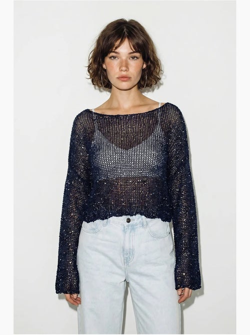 Top cropped de malha com lantejoulas, corte solto lucci - Kiabi