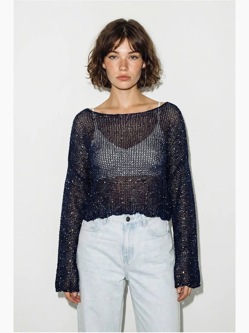 Top cropped de malha com lantejoulas, corte solto lucci Azul-marinho - Kiabi