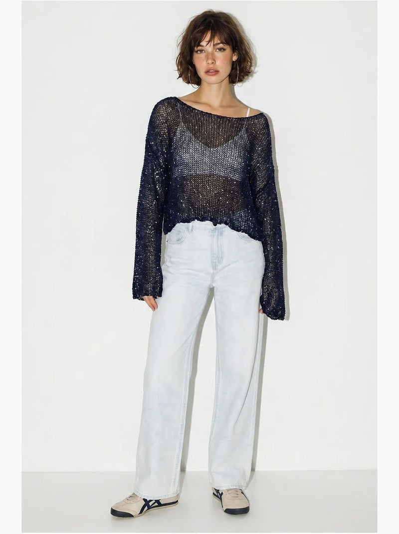 Top cropped de malha com lantejoulas, corte solto lucci Azul-marinho - Kiabi