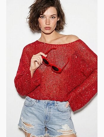 Top cropped de malha com lantejoulas, corte solto lucci