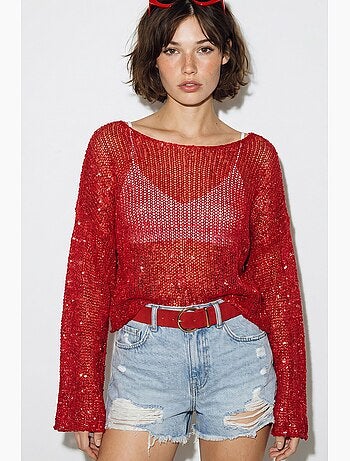 Top cropped de malha com lantejoulas, corte solto lucci