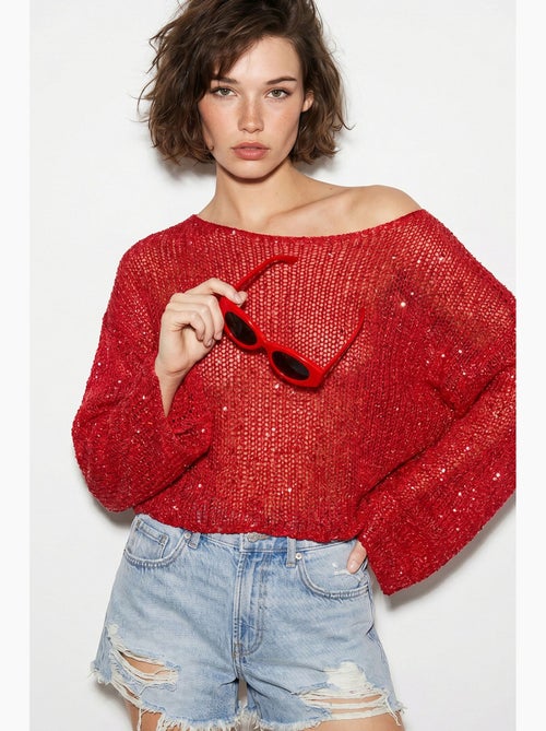 Top cropped de malha com lantejoulas, corte solto lucci - Kiabi Top cropped de malha com lantejoulas, corte solto lucci - Kiabi