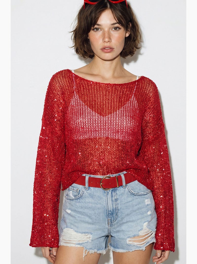 Top cropped de malha com lantejoulas, corte solto lucci Vermelho - Kiabi