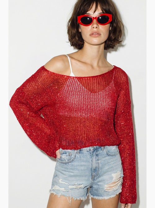 Top cropped de malha com lantejoulas, corte solto lucci - Kiabi Top cropped de malha com lantejoulas, corte solto lucci - Kiabi