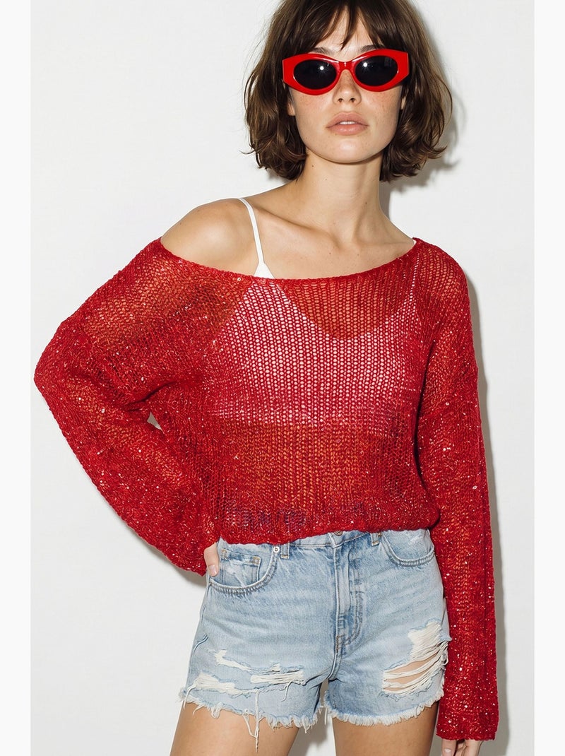 Top cropped de malha com lantejoulas, corte solto lucci Vermelho - Kiabi