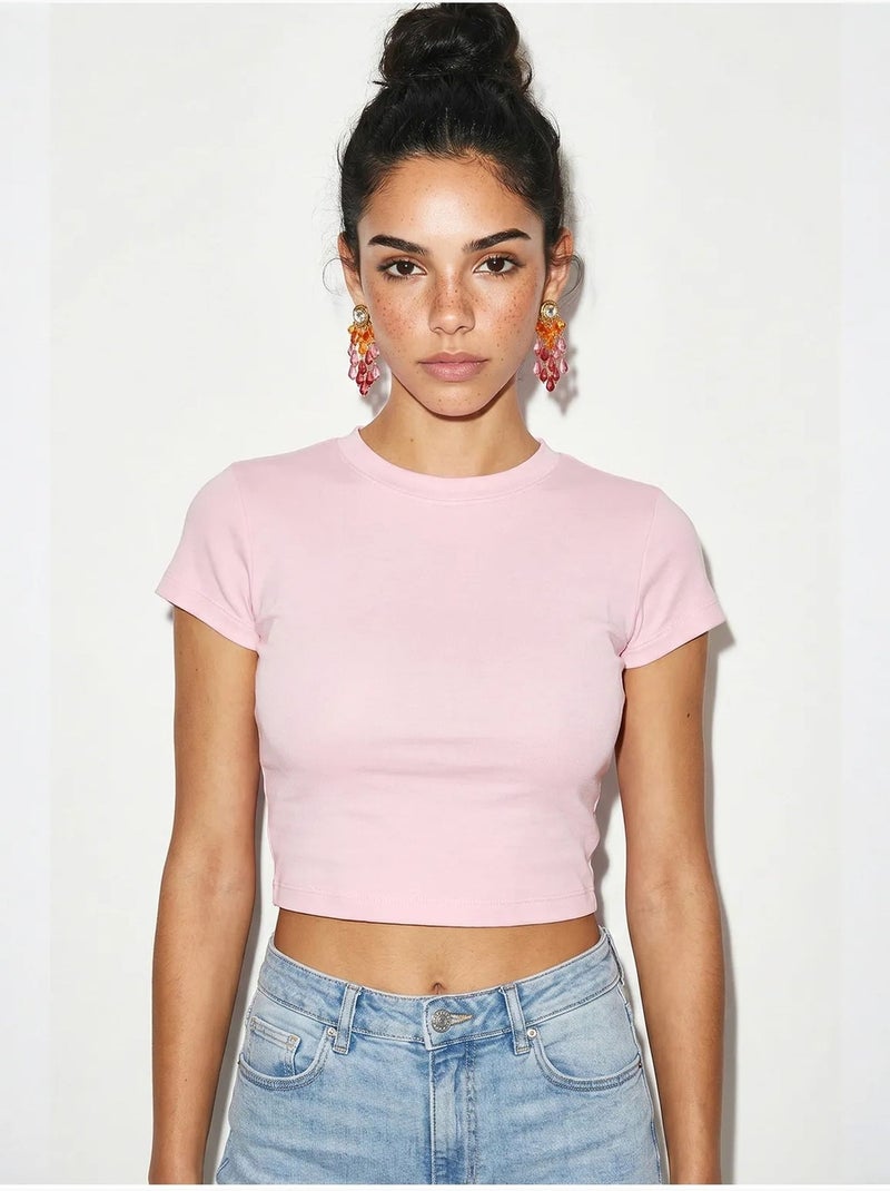 Top cropped feminino slim fit em algodão e lycra lucci Rosa-claro - Kiabi