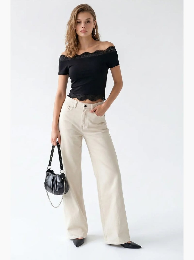 Top cropped slim fit com decote barco bordado mixray Preto - Kiabi