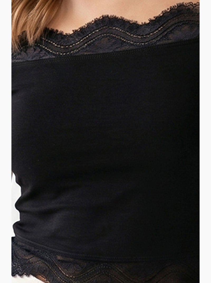 Top cropped slim fit com decote barco bordado mixray Preto - Kiabi