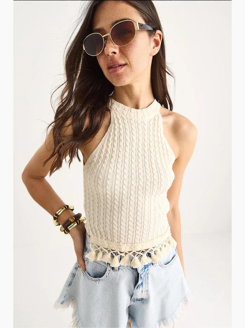 Top curto ajustado texturizado decote halter lucci Bege-argila - Kiabi
