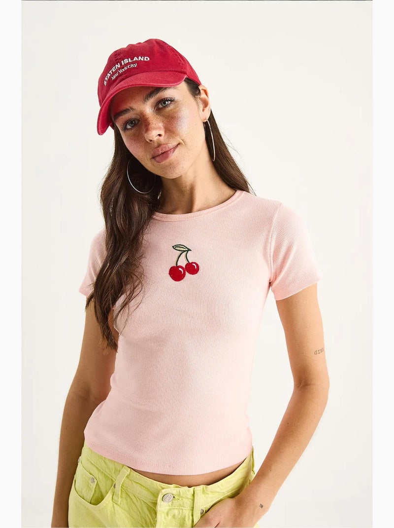 Top curto canelado bordado lucci Rosa-claro - Kiabi