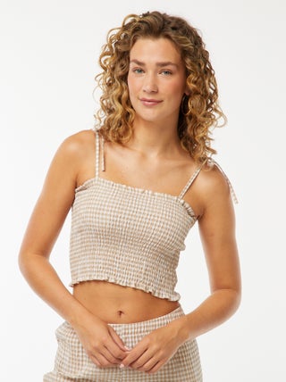 Top curto com favos de mel e quadrados vichy