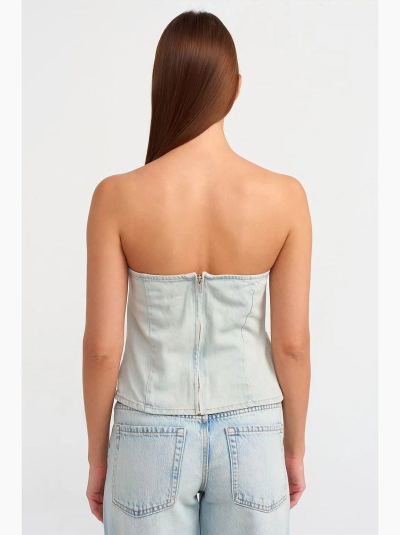 Top curto de ganga sem alças de mulher dilvin Azul claro - Kiabi