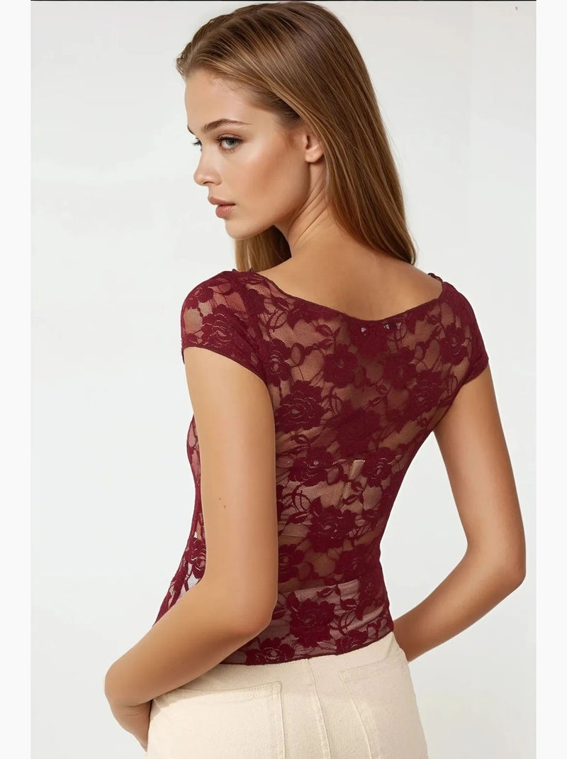 Top curto de renda floral pika collection hiccup Vermelho bordô - Kiabi