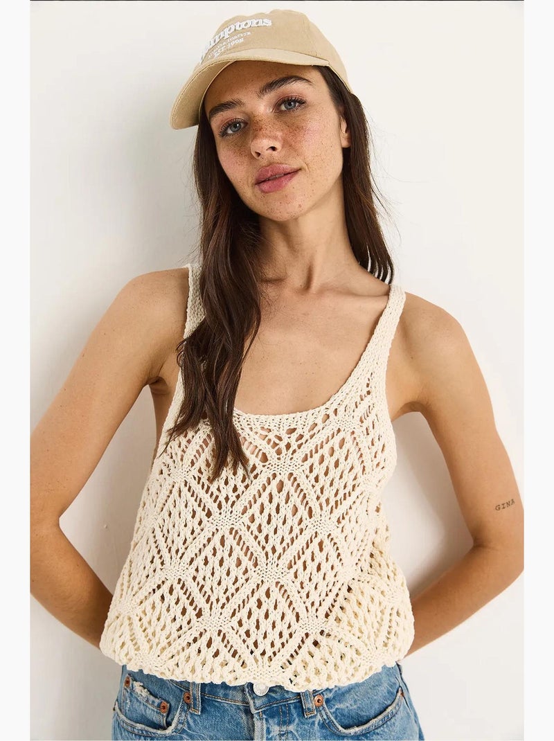 Top curto decote redondo com renda lucci Branco sujo - Kiabi