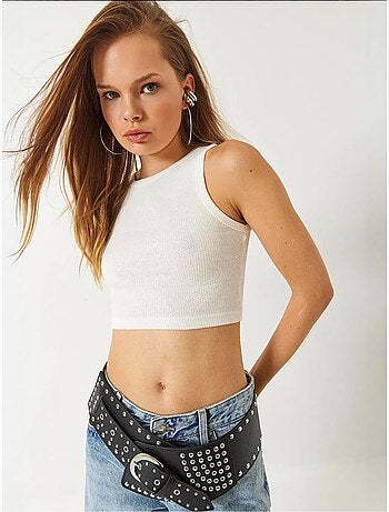 Top curto em algodão canelado com decote halter lucci