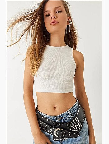 Top curto em algodão canelado com decote halter lucci