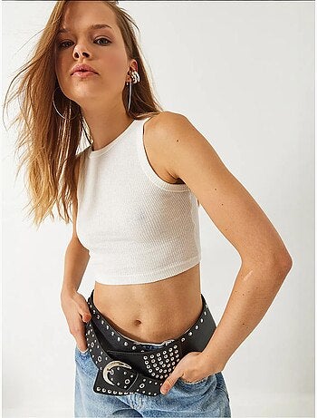 Top curto em algodão canelado com decote halter lucci