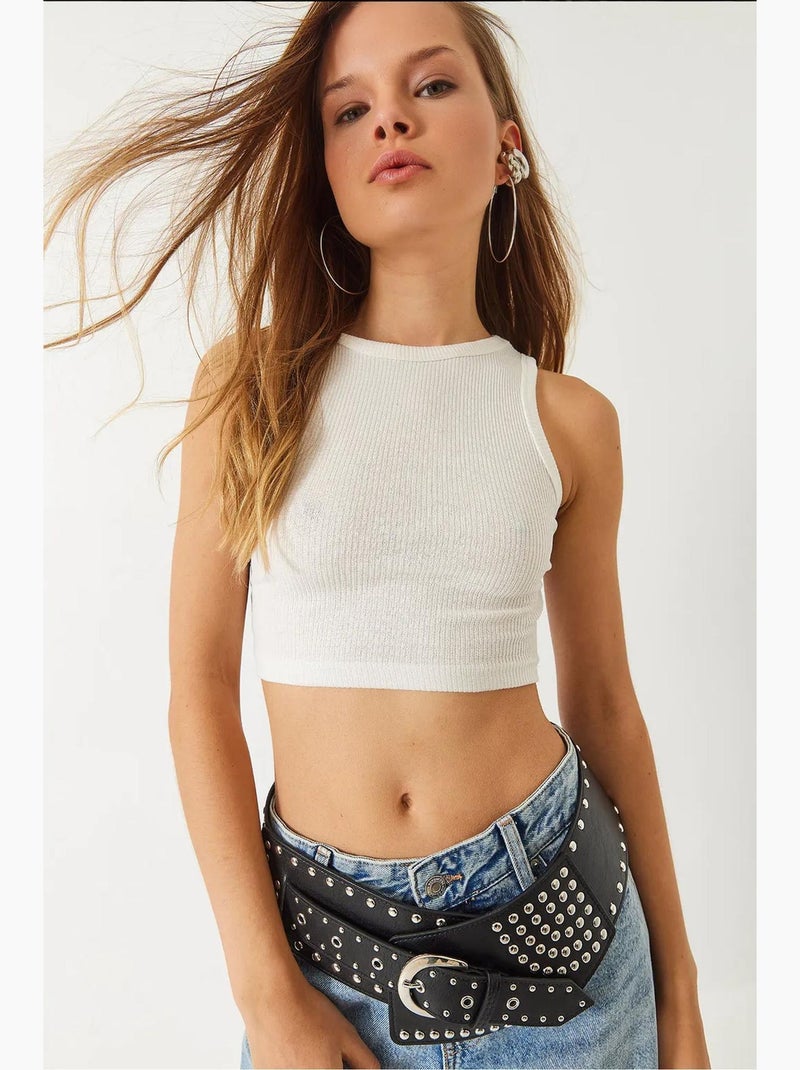 Top curto em algodão canelado com decote halter lucci Bege-argila - Kiabi