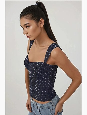 Top curto em tule estampado com gola em coração hiccup