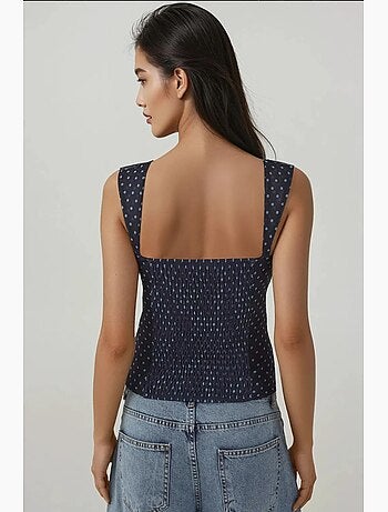 Top curto em tule estampado com gola em coração hiccup