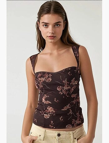 Top curto em tule estampado com gola em coração hiccup