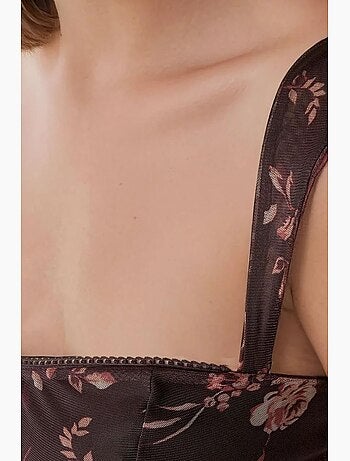 Top curto em tule estampado com gola em coração hiccup