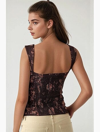 Top curto em tule estampado com gola em coração hiccup