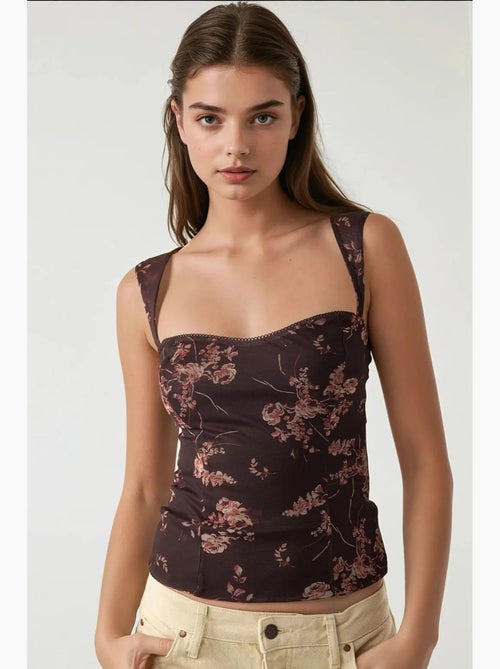 Top curto em tule estampado com gola em coração hiccup - Kiabi Top curto em tule estampado com gola em coração hiccup - Kiabi