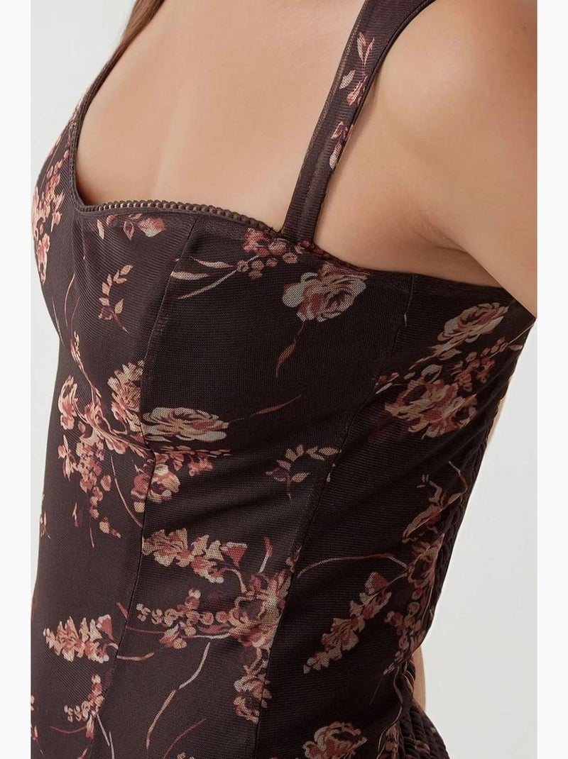 Top curto em tule estampado com gola em coração hiccup Castanho-chocolate - Kiabi