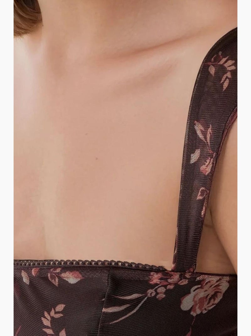 Top curto em tule estampado com gola em coração hiccup Castanho-chocolate - Kiabi