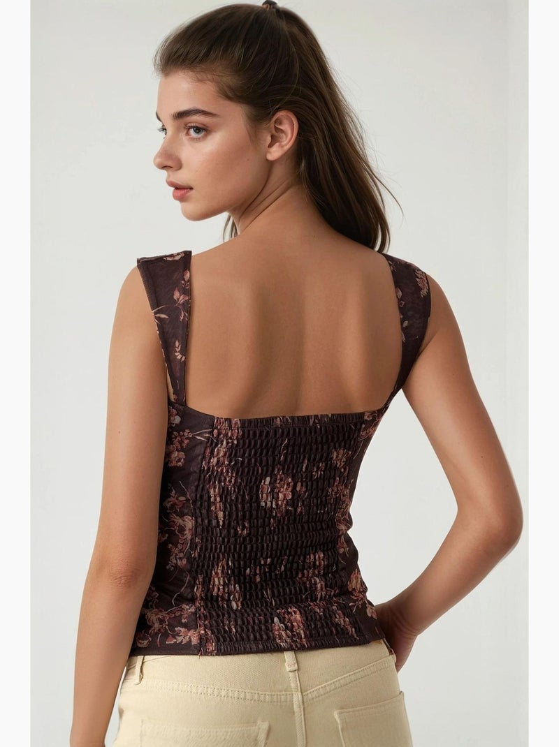 Top curto em tule estampado com gola em coração hiccup Castanho-chocolate - Kiabi