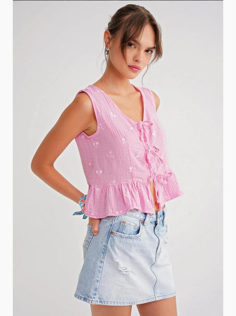 Top curto texturizado decote v laço mixray Rosa-pálido - Kiabi