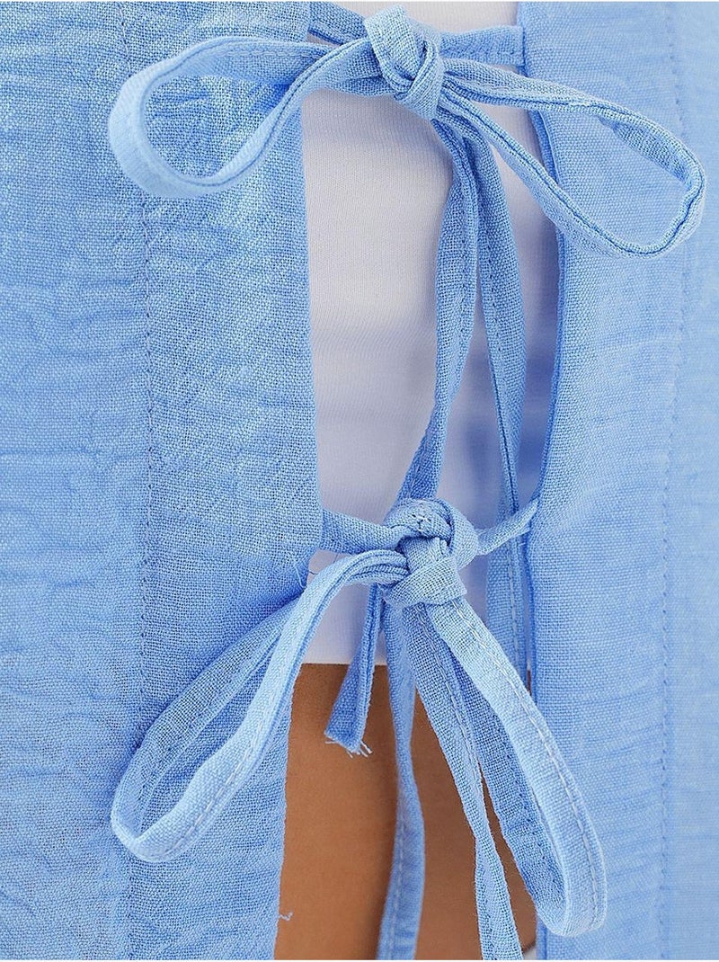 Top curto texturizado em mistura de linho com decote em v bdart Azul claro - Kiabi
