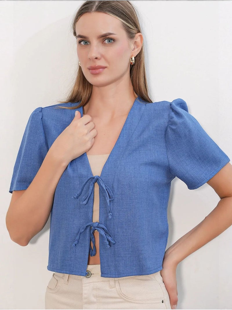 Top curto texturizado em mistura de linho com decote em v bdart Azul - Kiabi